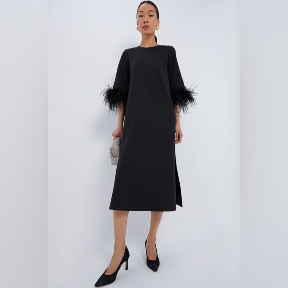 NWT Tuckernuck Black Feather Jamie Dress Large Size 12 Feather Trim Chic Kaftan